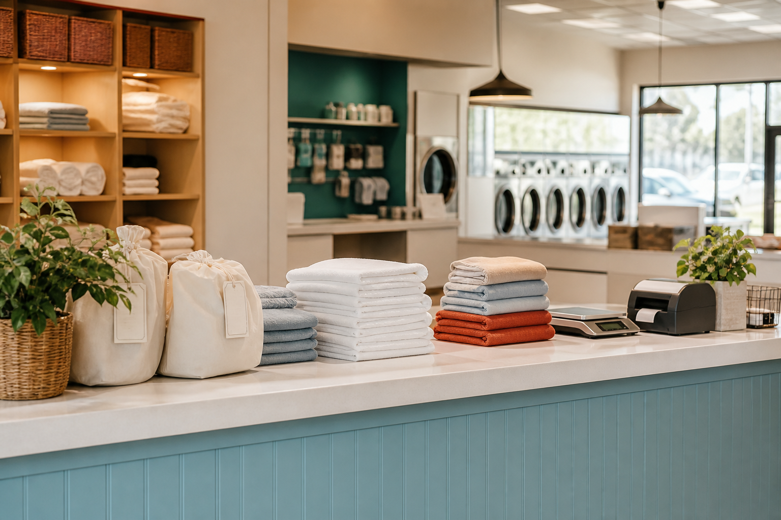 Neatly folded laundry at a wash and fold service counter